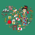 Japan traditional icons heart shape set Royalty Free Stock Photo